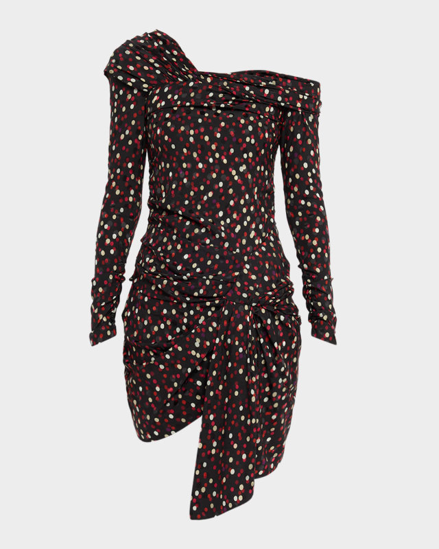 Off-The-Shoulder Polka-Dot Jacquard Long-Sleeve Mini Dress